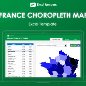 France Choropleth Map Excel Template | Data Visualization Tool for Map of France, French Regions Map, Color-Coded France Map | Excel Wonders