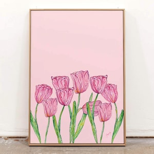 Tulips Watercolour Art Print, Tulip Home Decor for Living Room, Framed Floral Giclée Canvas Wall Decor, Modern Pink Abstract Flowers Poster