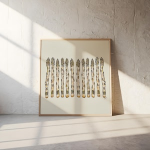 Stampa con illustrazione di asparagi - Decorazione da parete per cucina in stile rustico, arte botanica rustica di verdure, disegno giclée verde, poster di cibo biologico