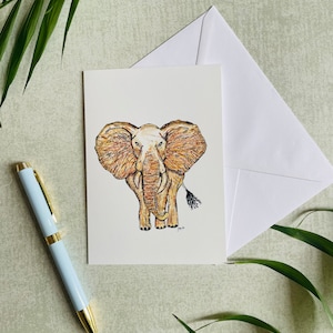 Carte d'éléphant unique illustrée à la main, papeterie d'éléphant, carte d'éléphant blanc uni