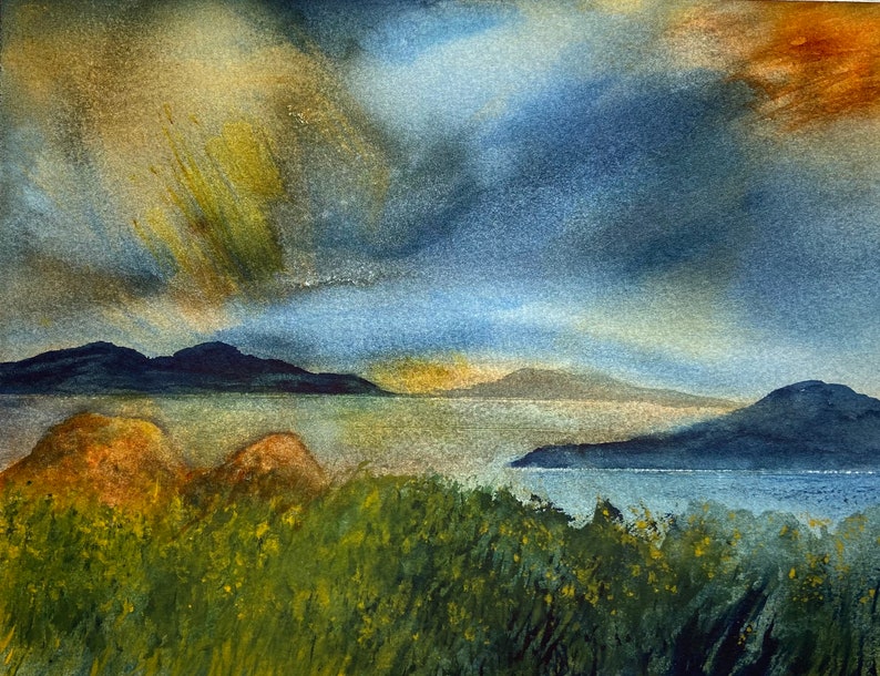 Original Watercolor, Lakeside Evening, a 9x12 painting on 100% a Original Watercolor, Lakeside Evening, a 9x12 painting on 100% a