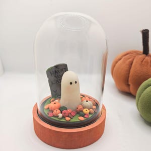 May include: A Halloween decoration under a glass dome. It features a white ghost, pumpkins, and a tombstone with the words "Haunt You Later". The base is made of orange wood.