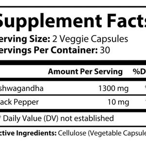 May include: Supplement Facts label with serving size, servings per container, and a list of ingredients with their amounts per serving in milligrams. Ashwagandha 1300 mg, Black Pepper 10 mg. Daily Value (DV) not established. Inactive Ingredients: Cellulose (Vegetable Capsule).
