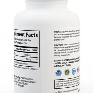May include: White plastic bottle with a black label that says "Supplement Facts" and lists the ingredients and suggested use. The bottle is labeled with the FDA logo and a lab tested logo.
