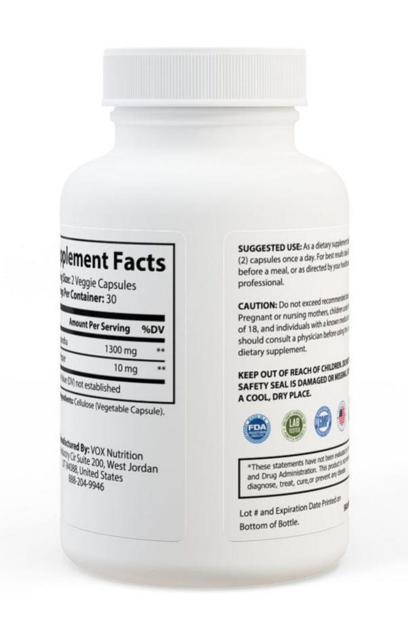 May include: White plastic bottle with a black label that says "Supplement Facts" and lists the ingredients and suggested use. The bottle is labeled with the FDA logo and a lab tested logo.