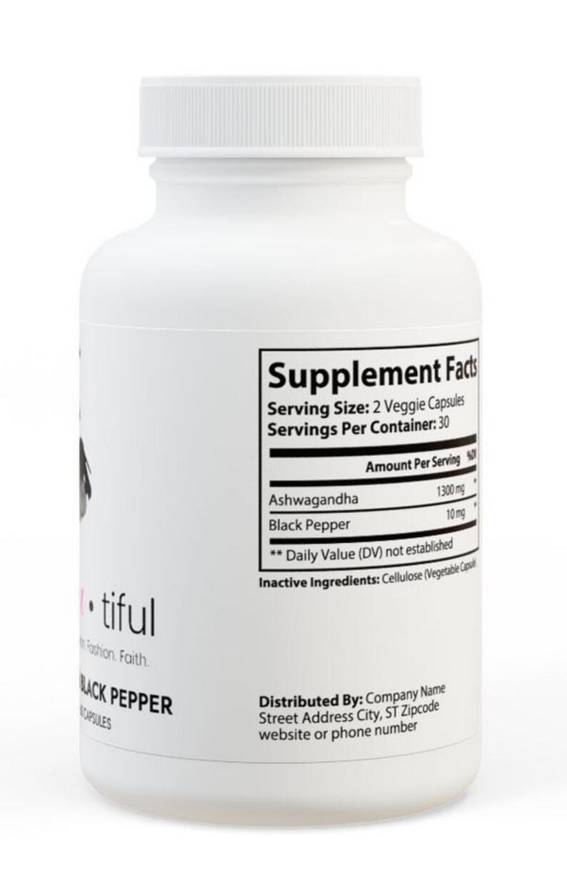 May include: White plastic bottle with a black label that reads "Supplement Facts". The label lists the ingredients and amount per serving of Ashwagandha (1300 mg) and Black Pepper (10 mg). The bottle also has a label that reads "Black Pepper Capsules" and "tiful Fashion Faith."