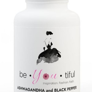 May include: White bottle with a black and white illustration of a woman in a dress. The bottle is labeled "be &bull; Yutiful Inspiration. Fashion. Faith ASHWAGANDHA and BLACK PEPPER DIETARY SUPPLEMENT | 60 CAPSULES"
