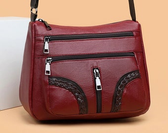 New Ladies Women Girls Multi Pocket Genuine Real Leather Shoulder Bag Handbag 
