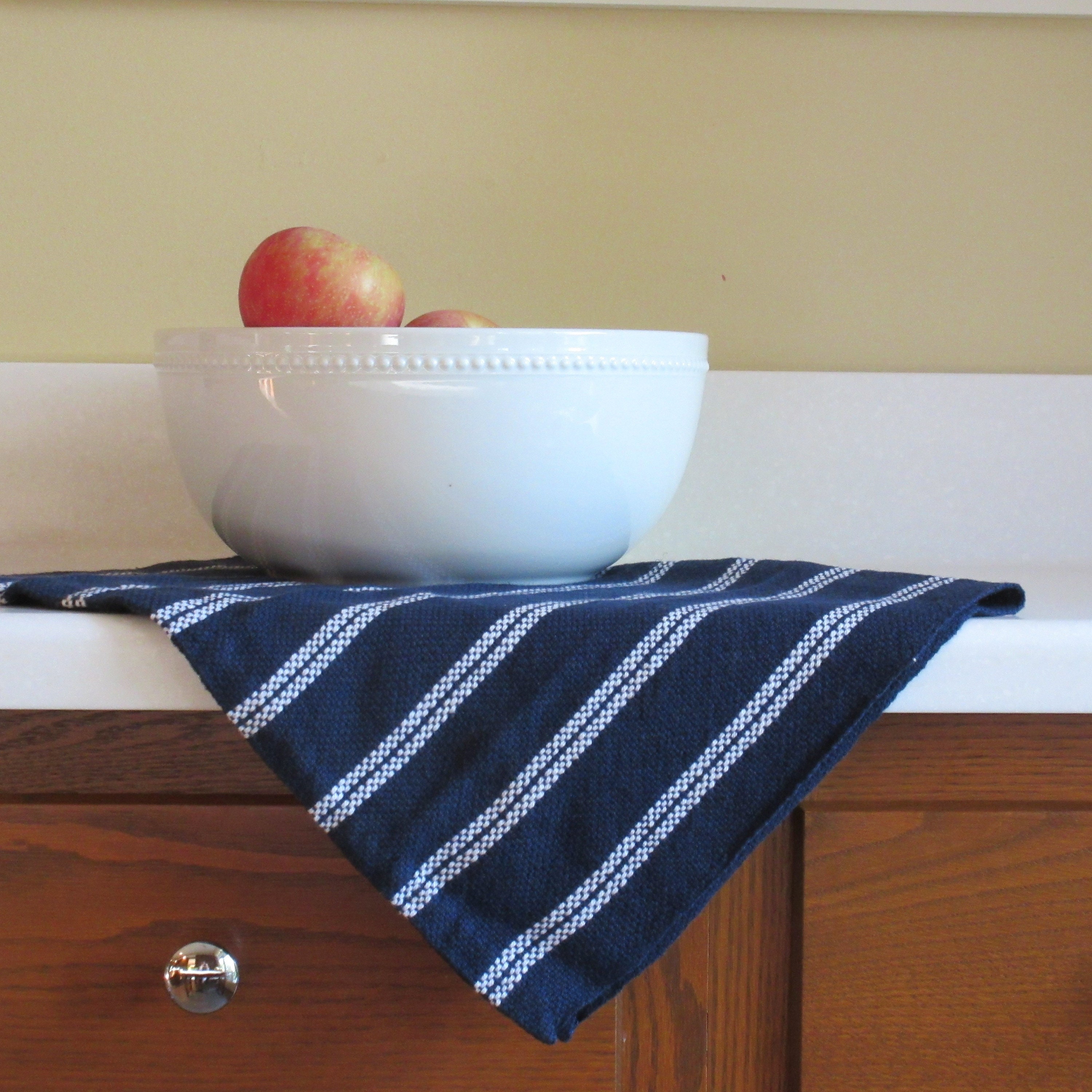 Navy striped border dish towel - set of 2
