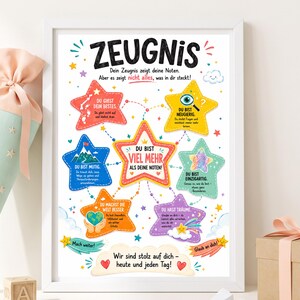 Könnte beinhalten: Ein gerahmtes Poster mit der Überschrift ZEUGNIS, das bunte sternförmige Grafiken mit deutschem Text zeigt. Der zentrale Stern trägt die Aufschrift DU BIST VIEL MEHR ALS DEINE NOTEN, umgeben von kleineren Sternen mit motivierenden Sprüchen.