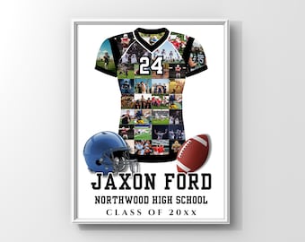 Op de afbeelding: Ingelijste print met een collage van een voetbalshirt met nummer 24. Inclusief een blauwe helm en een bruine voetbal. De tekst luidt "JAXON FORD, NORTHWOOD HIGH SCHOOL, CLASS OF 20XX."