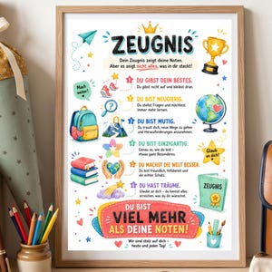 Op de afbeelding: Een ingelijste poster met de titel ZEUGNIS met kleurrijke illustraties van een trofee, wereldbol, rugzak en boeken. De tekst bevat motiverende Duitse zinnen zoals DU GIBST DEIN BESTES en DU BIST VIEL MEHR ALS DEINE NOTEN, omringd door sterren.
