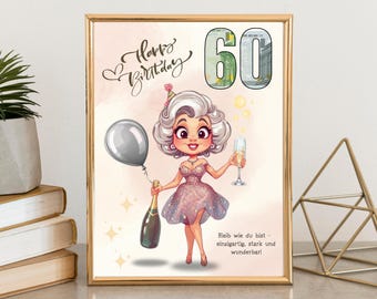 Op de afbeelding: Een ingelijste print met een gouden rand toont een cartoonillustratie voor een 60e verjaardag. De afbeelding toont een vrouw die een champagnefles en -glas vasthoudt, met een ballon. De tekst luidt "Happy Birthday".