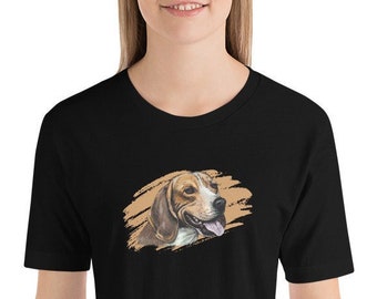 May include: Black t-shirt with a brown and white beagle dog illustration on a tan background.