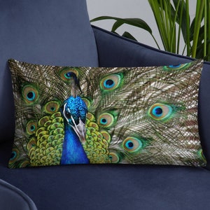 Peacock Throw Pillow, Home Decor, Peacock Print Pillow, Blue and Green Pillow, Decorative Pillow, Peacock Feathers, Insert Included