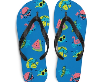 Summer Theme Flip Flops, Tropical Flip Flops, Women's Sandals, Beach Flip Flops, Blue Sandals, Flip Flops, Thongs, Footwear