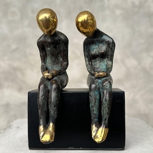 Bronze Sitting Couple Sculpture - Romantic Art, Patinated Green with Gold Accents, Modern Love Figurine, Intimate Home Decor - BR317