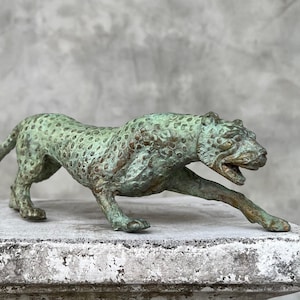 Patinated Bronze Leopard Sculpture – Hunting Big Cat Figurine, Wildlife and Safari Inspired Home Decor, Eclectic Room Accents - BR191