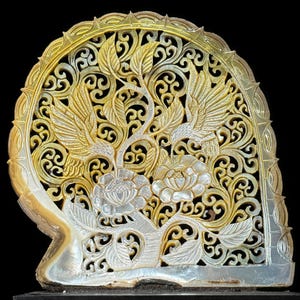 Carved Mother of Pearl Shell with Birds of Paradise Design - Table Sculpture, Boho Art Piece, Decorative Accent, Timeless Decor - ToS,A/007