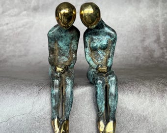 Sitting Couple Bronze Sculpture – Romantic Art, Patinated Blue with Gold Accents, Modern Love Figurine, Intimate Home Decor - BR279