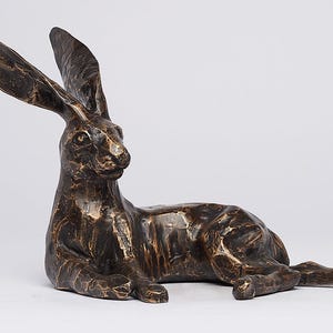 Bronze Hare Resting Sculpture - Patinated Rabbit Statue | Handmade Wildlife Art | Rustic Home Decor | Animal Statue | Interior Decor - BR139