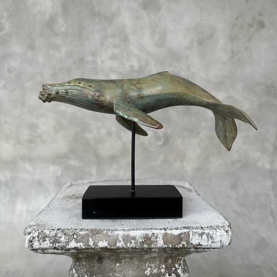 Bronze Blue Whale Sculpture: Ocean-Inspired Decor, Nautical Wildlife Figurine - BR283