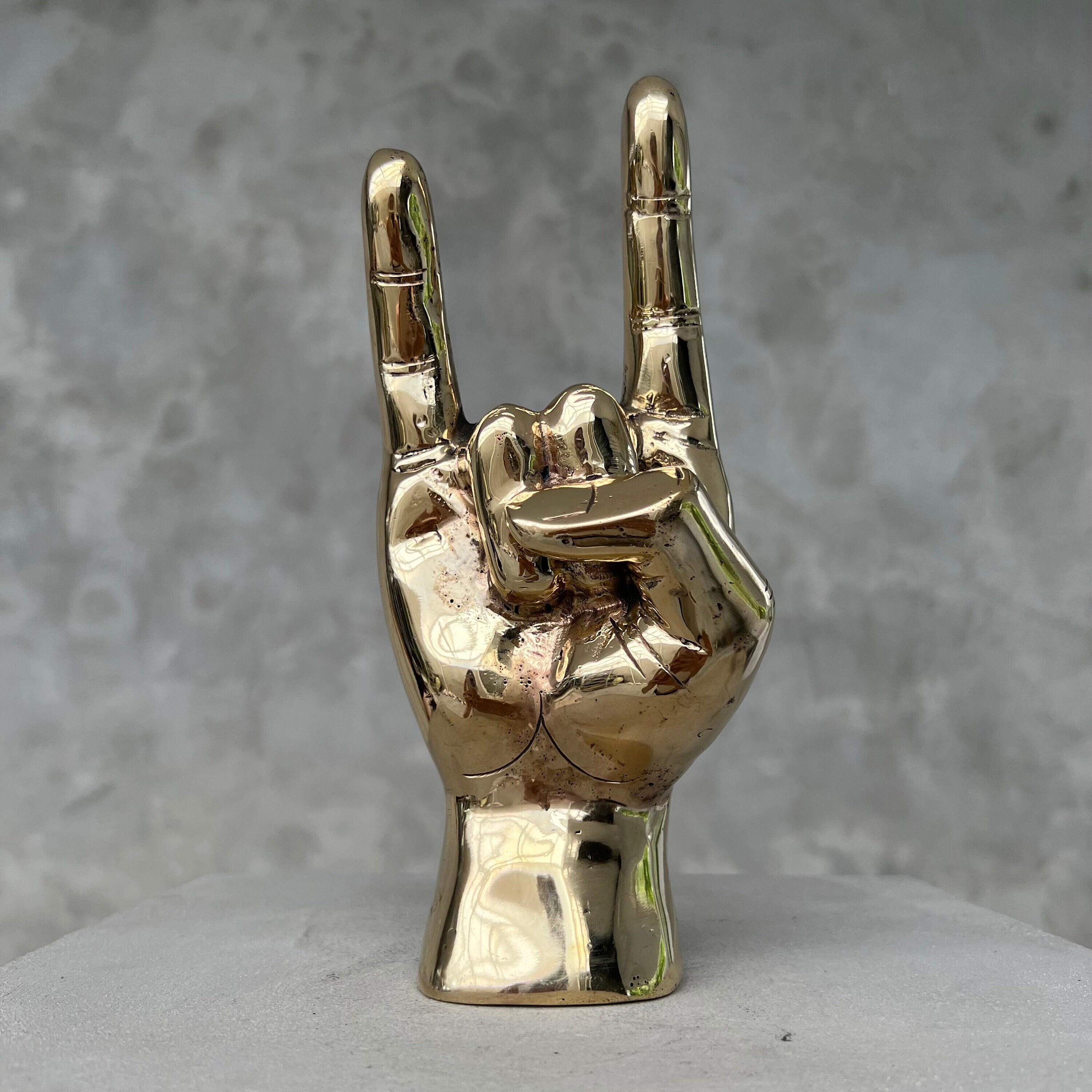 Rock on Hand Gesture Table Sculpture Aged Bronze