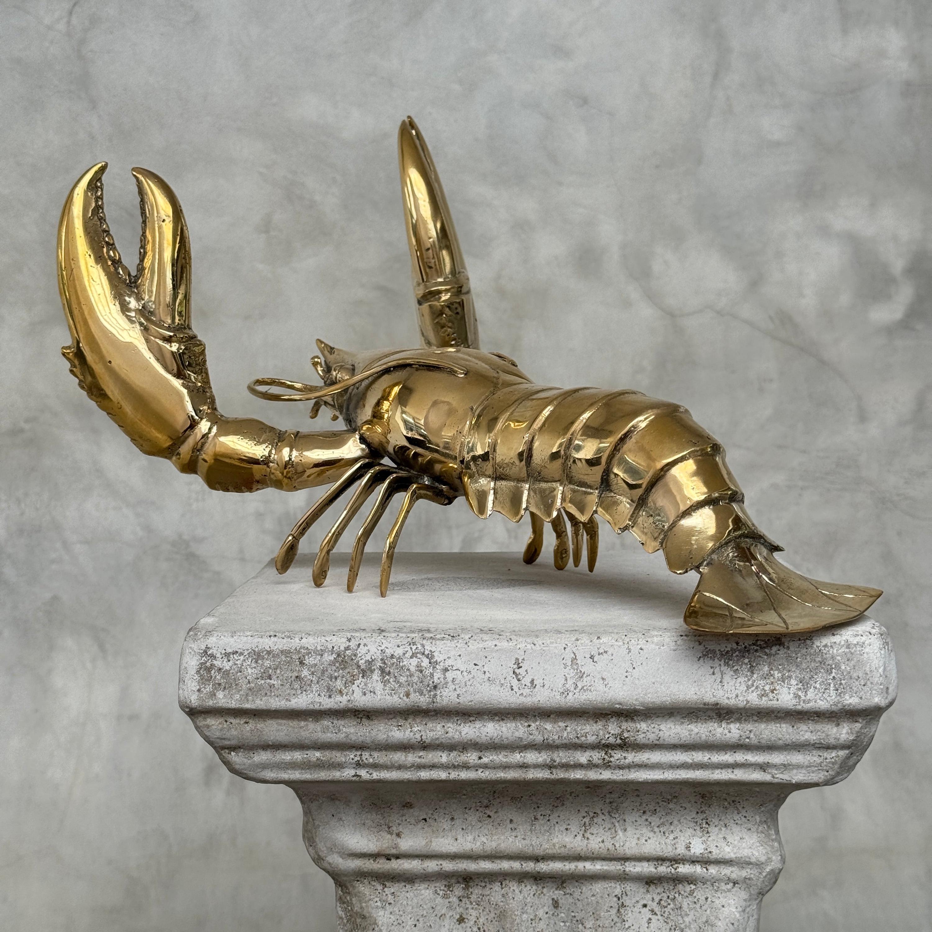 アンティーク ロブスター インテリア Polished Bronze Lobster Sculpture: Nautical Coastal Decor