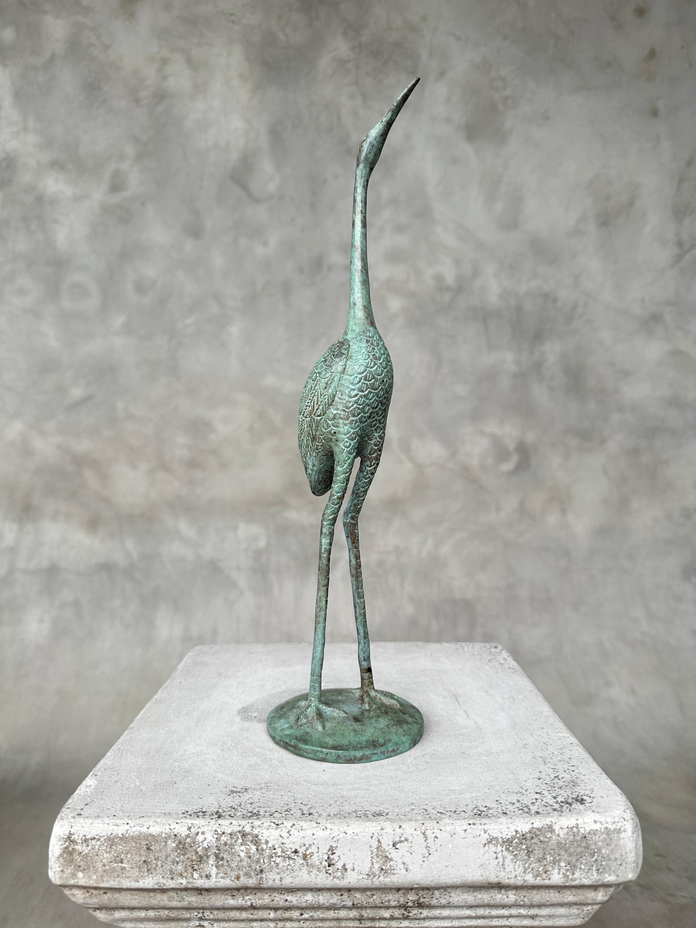 Green Blue Patinated Bronze Bird | Elegant Batik Heron Sculpture | Nature-Inspired Decor | Minimalist Wildlife Art - BR316