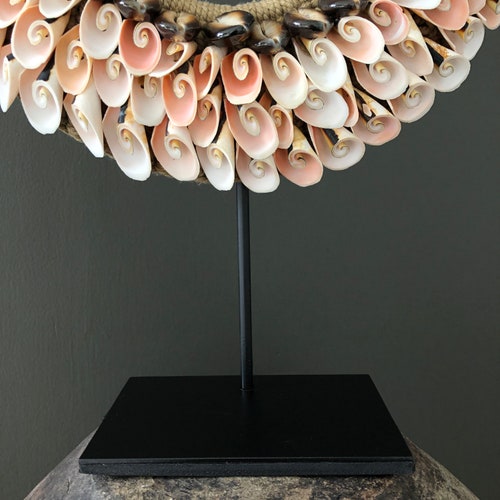 Decorative Shell Necklace on custom stand shops - Cut rose pink Shells & Natural Fibres