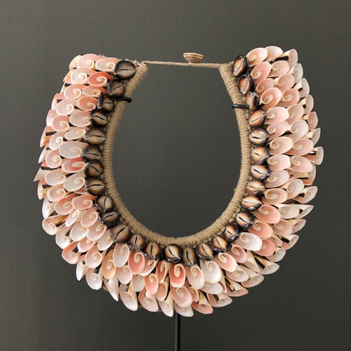 Decorative Shell Necklace on custom stand shops - Cut rose pink Shells & Natural Fibres
