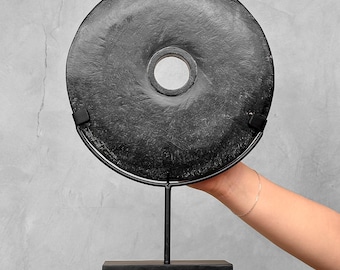 Hand-Carved Lava Stone Disc Sculpture: Wabi Sabi Organic Decor, Home Details - Min,A/060