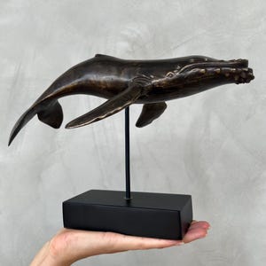 Bronze Blue Whale Sculpture | Tiger Patina Marine Art on Stand | Ocean Wildlife Decor | Handmade Coastal Home Accent - BR284