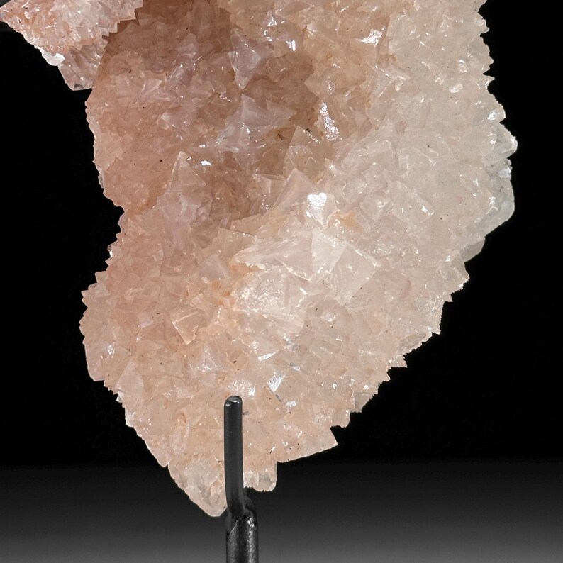 May include: Close-up of a pale pink mineral specimen with a crystalline structure. The mineral is mounted on a black metal stand, showcasing its intricate, geometric formations. The overall appearance is delicate and textured.