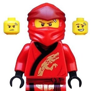 May include: Red Lego minifigure with a red hood and a black belt. The minifigure has a dragon design on the chest and two interchangeable heads with different facial expressions.