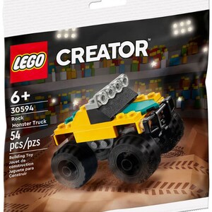 Może przedstawiać: Zestaw LEGO Creator 30594 Rock Monster Truck, zawierający ż&oacute;łto-zielony monster truck z czarnymi kołami i rzędem świateł na dachu. Zestaw zawiera 54 elementy.