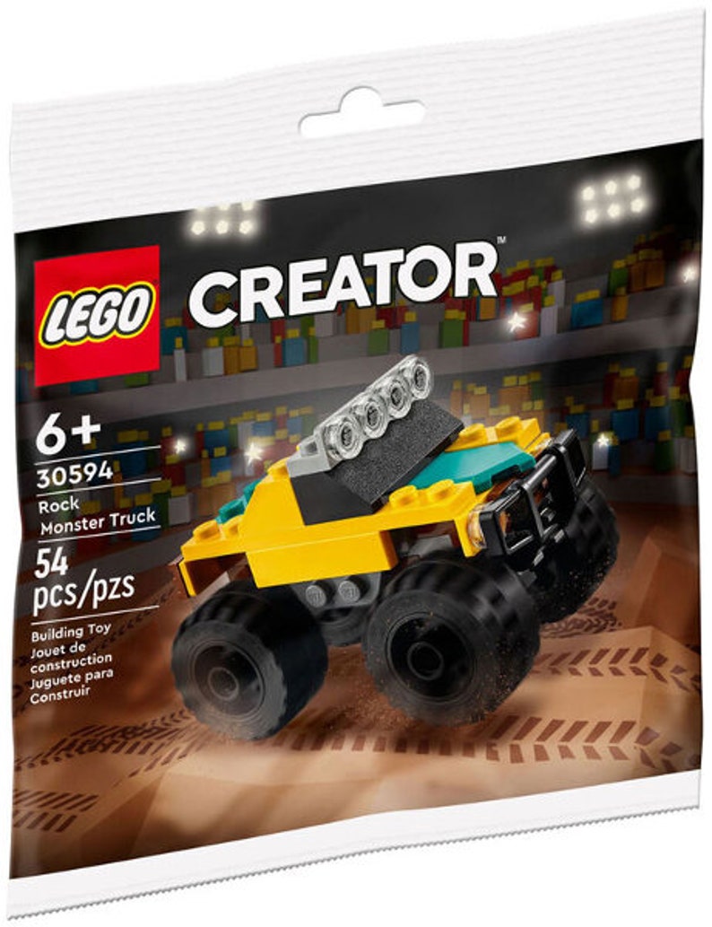 Może przedstawiać: Zestaw LEGO Creator 30594 Rock Monster Truck, zawierający ż&oacute;łto-zielony monster truck z czarnymi kołami i rzędem świateł na dachu. Zestaw zawiera 54 elementy.
