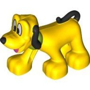 May include: Yellow plastic toy dog with black ears and tail. The dog is standing on all fours and has a green collar.