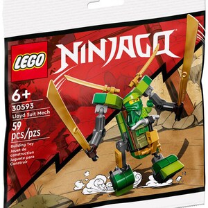 Może przedstawiać: Zestaw LEGO Ninjago Lloyd Suit Mech do budowania z 59 element&oacute;w. Zestaw zawiera zielonego i złotego mecha z pilotem w postaci minifigurki. Opakowanie przedstawia mecha w akcji na czerwono-złotym tle.
