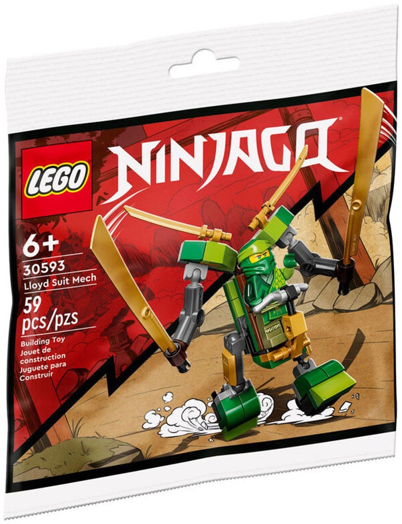 Może przedstawiać: Zestaw LEGO Ninjago Lloyd Suit Mech do budowania z 59 element&oacute;w. Zestaw zawiera zielonego i złotego mecha z pilotem w postaci minifigurki. Opakowanie przedstawia mecha w akcji na czerwono-złotym tle.