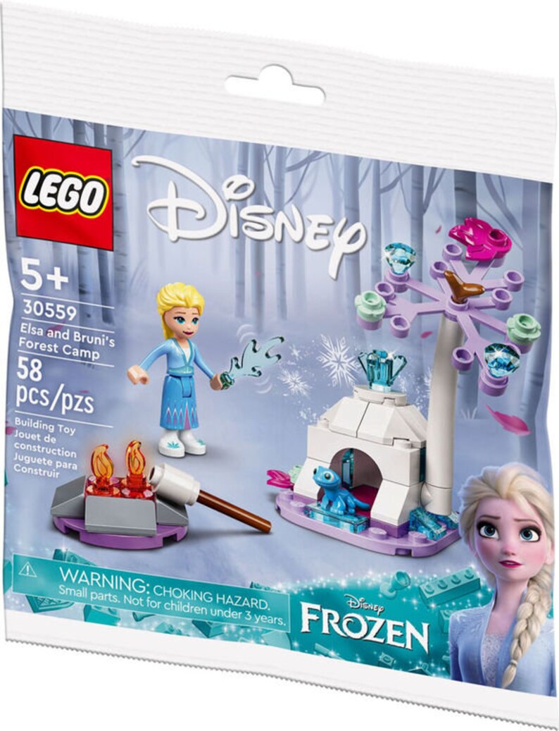 Może przedstawiać: Zestaw LEGO Disney Frozen z Elsą i Brunim. Zestaw zawiera małe ognisko, jaskinię śnieżną i drzewo z kryształami lodu. Zestaw składa się z 58 element&oacute;w i jest przeznaczony dla dzieci w wieku od 5 lat. OSTRZEŻENIE: RYZYKO UDUSZENIA. Małe elementy. Nieodpowiednie dla dzieci w wieku poniżej 3 lat.