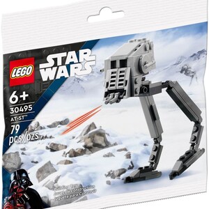 Może przedstawiać: Zestaw LEGO Star Wars AT-ST do budowania z 79 element&oacute;w. Zestaw zawiera szarego i czarnego chodźca AT-ST z czerwonymi promieniami laserowymi. Opakowanie zawiera postać Dartha Vadera.