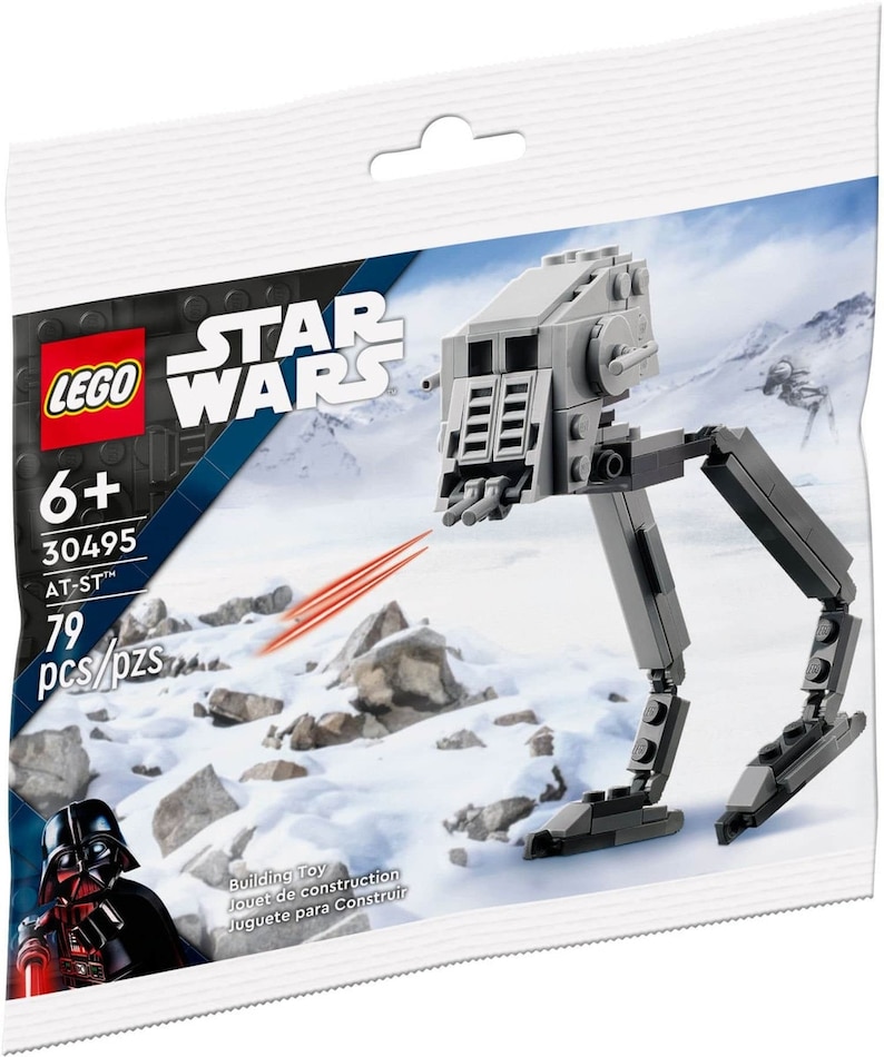 Może przedstawiać: Zestaw LEGO Star Wars AT-ST do budowania z 79 element&oacute;w. Zestaw zawiera szarego i czarnego chodźca AT-ST z czerwonymi promieniami laserowymi. Opakowanie zawiera postać Dartha Vadera.