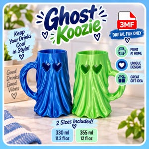 May include: A blue and a green ghost-shaped koozie, each featuring two heart-shaped cutouts for eyes. The digital file includes two sizes: 330 ml (11.2 fl oz) and 355 ml (12 fl oz). Text includes Ghost Koozie, 3MF, Digital File Only, Print at Home, Unique Design, Great Gift Idea, Keep Your Drinks Cool in Style, and Good Drinks Good Vibes.