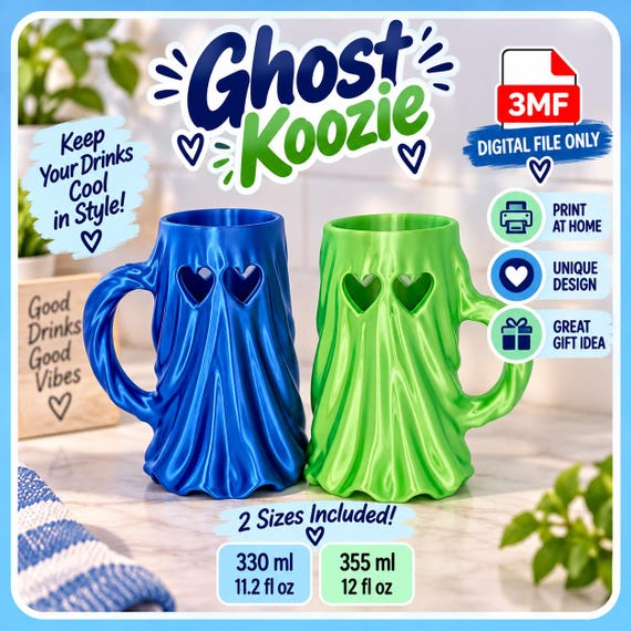 Ghost Can Koozie 3D Print | Red Bull Can Holder | 330ml 355ml 3MF Digital File | Cute Spooky Drink Holder