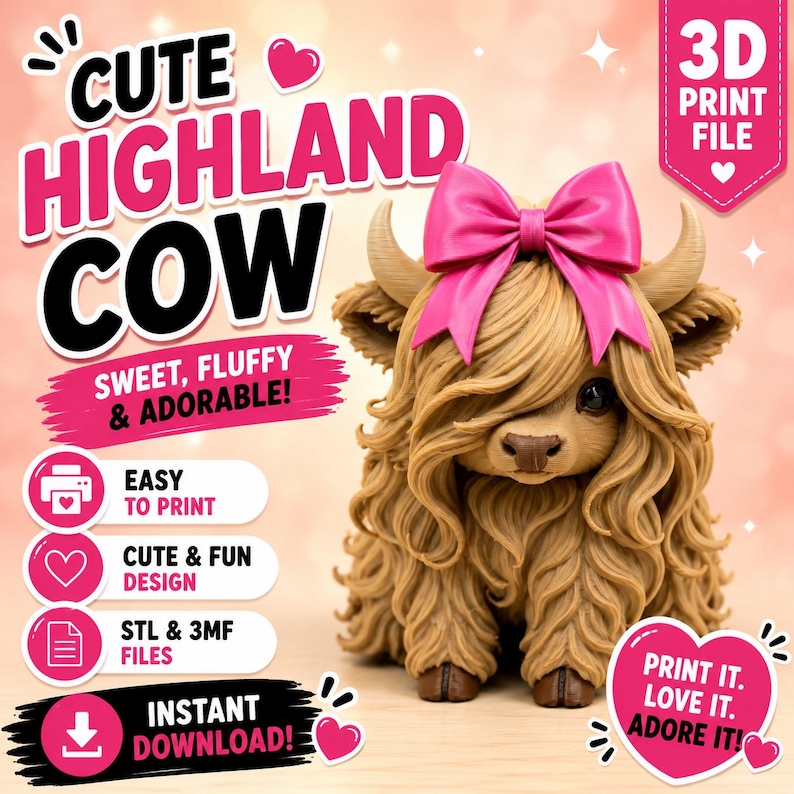 May include: A 3D print file of a tan Highland cow figurine with long, wavy fur and a bright pink bow on its head. The image includes text: CUTE HIGHLAND COW, SWEET, FLUFFY & ADORABLE!, EASY TO PRINT, CUTE & FUN DESIGN, STL & 3MF FILES, INSTANT DOWNLOAD!, PRINT IT. LOVE IT. ADORE IT.