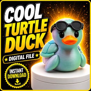 May include: A whimsical, colorful turtle-duck hybrid figurine wearing black sunglasses. The figure is primarily blue, green, and purple, with an orange beak. The image includes the text "COOL TURTLE DUCK" and "DIGITAL FILE" and "INSTANT DOWNLOAD".