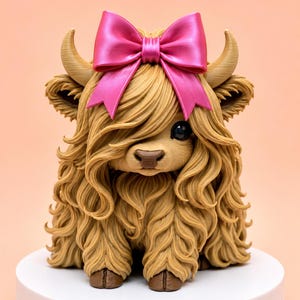 May include: A figurine of a Highland cow with long, textured tan fur, small curved horns, and a large, bright pink bow positioned between the ears. The cow has a dark brown nose, dark eyes, and visible hooves, presented in a seated position.