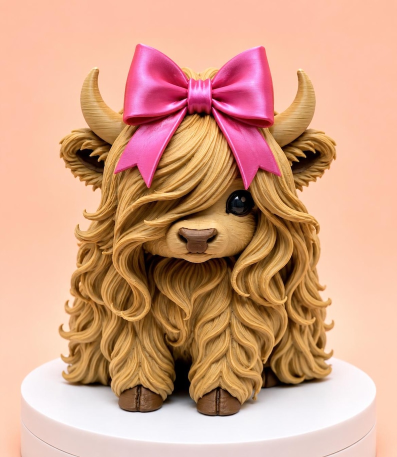 May include: A figurine of a Highland cow with long, textured tan fur, small curved horns, and a large, bright pink bow positioned between the ears. The cow has a dark brown nose, dark eyes, and visible hooves, presented in a seated position.