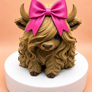 May include: A tan-colored Highland cow figurine with long, textured fur, curved horns, and a large, bright pink bow positioned between the ears. The cow has dark eyes, a brown nose, and visible hooves, presented as a detailed, sculpted ornament.